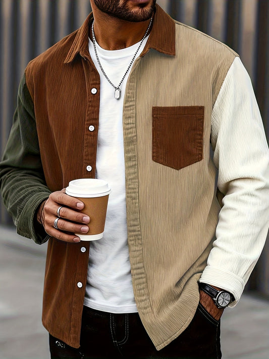 Men's corduroy patchwork long-sleeve shirt with button placket, brown, beige, khaki