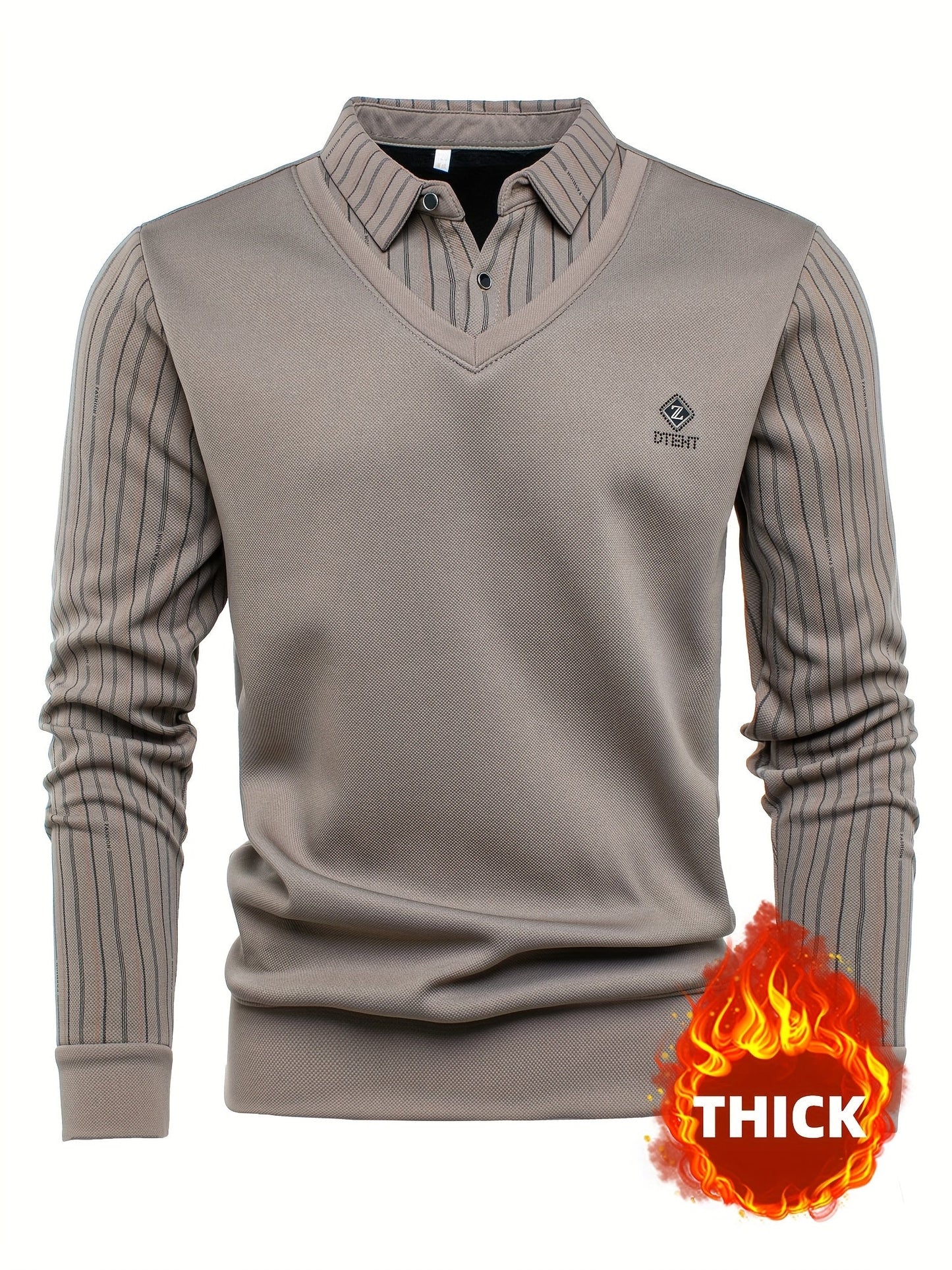 Men's long-sleeve shirt with a V-neck, sweater-style look, and striped sleeves