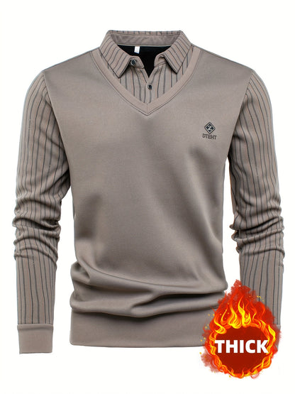 Men's long-sleeve shirt with a V-neck, sweater-style look, and striped sleeves