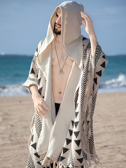 Men's Boho Beach Poncho with Hood and Geometric Pattern – Festival & Beach Cover-Up