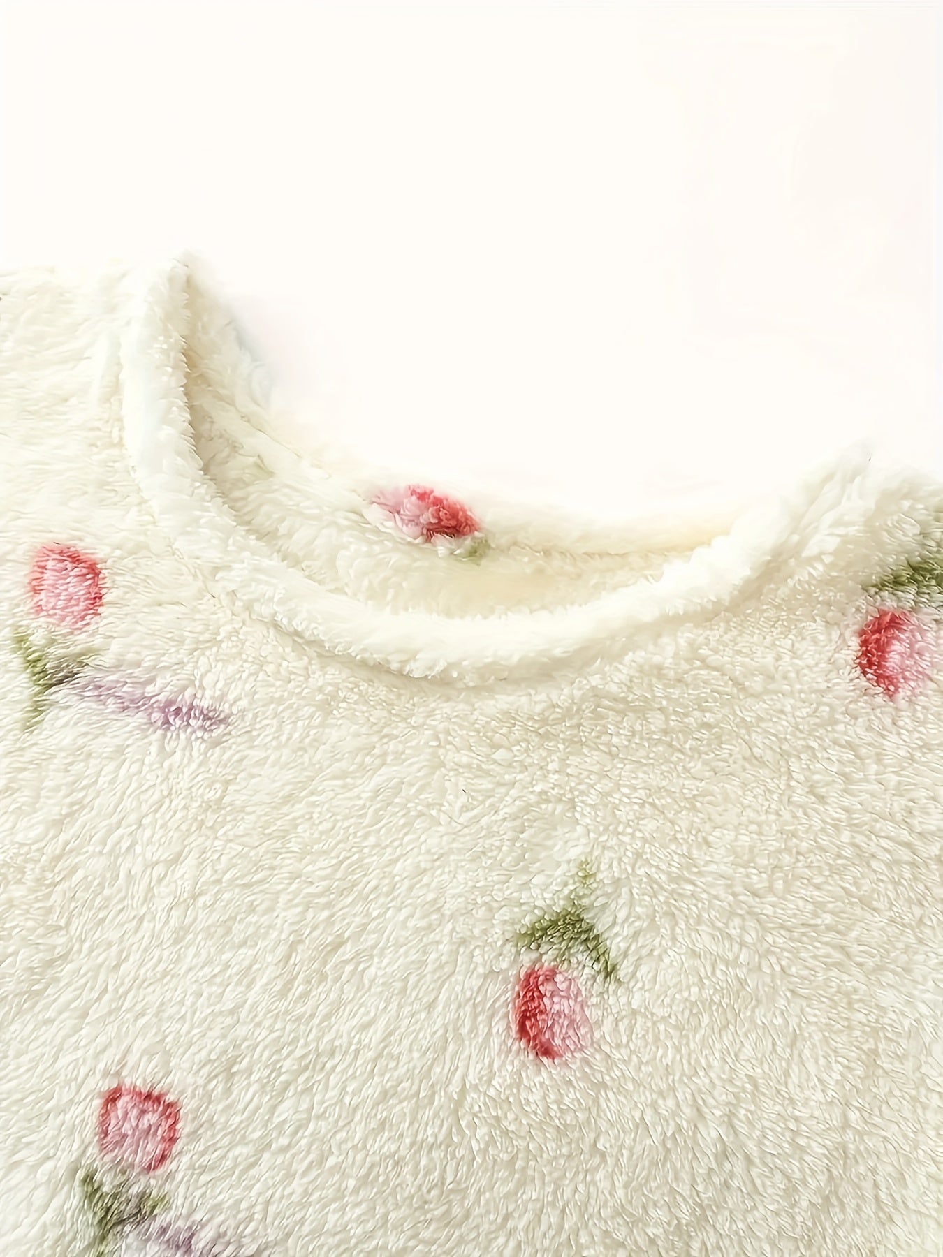 Women's fleece nightgown, cream, floral pattern, long-sleeved, short house dress