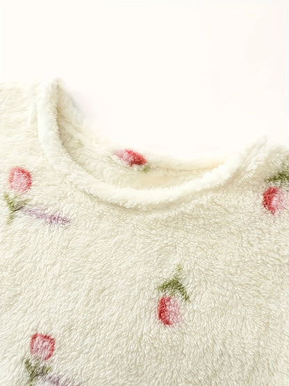Women's fleece nightgown, cream, floral pattern, long-sleeved, short house dress