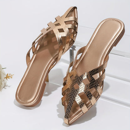 Women's Flat Mules with Braided Design and Pointed Shape – Elegant Slip-On Shoes for Everyday and Going Out