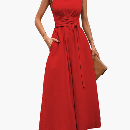 Women's Elegant Sleeveless Jumpsuit with Tie Belt and Wide Legs – Perfect for Summer and Leisure