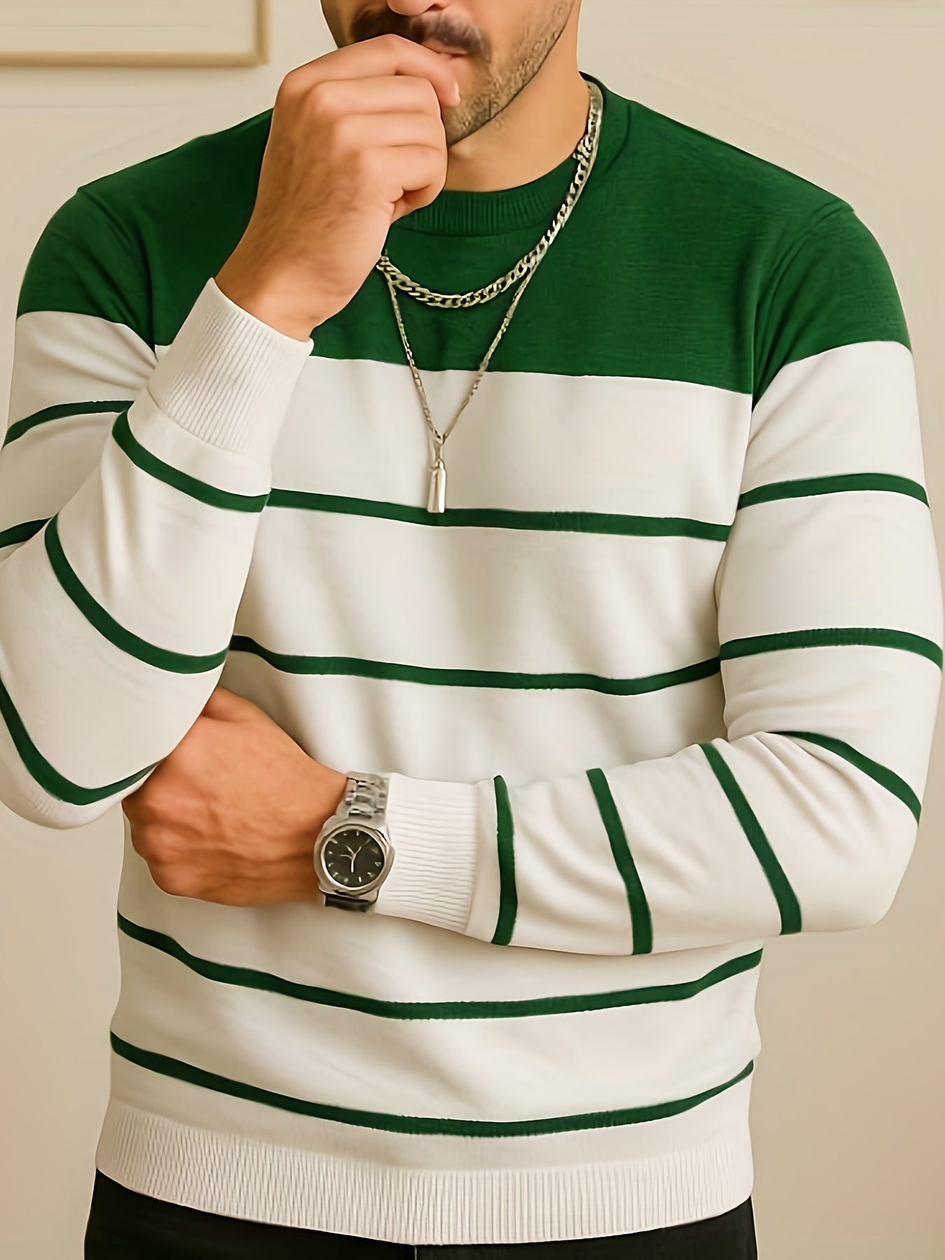 Men's striped crew-neck long-sleeve sweater, green and white