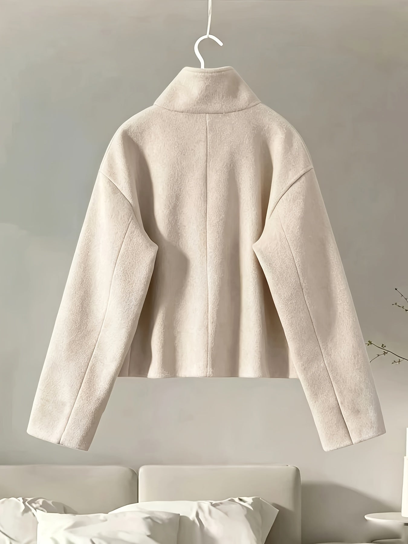 Women's short jacket with stand-up collar, button placket, relaxed fit