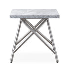Bijzettafel Carrara-marmer en roestvrij staal Coral, wit marmer met zilverkleurig onderstel, woonkamer
