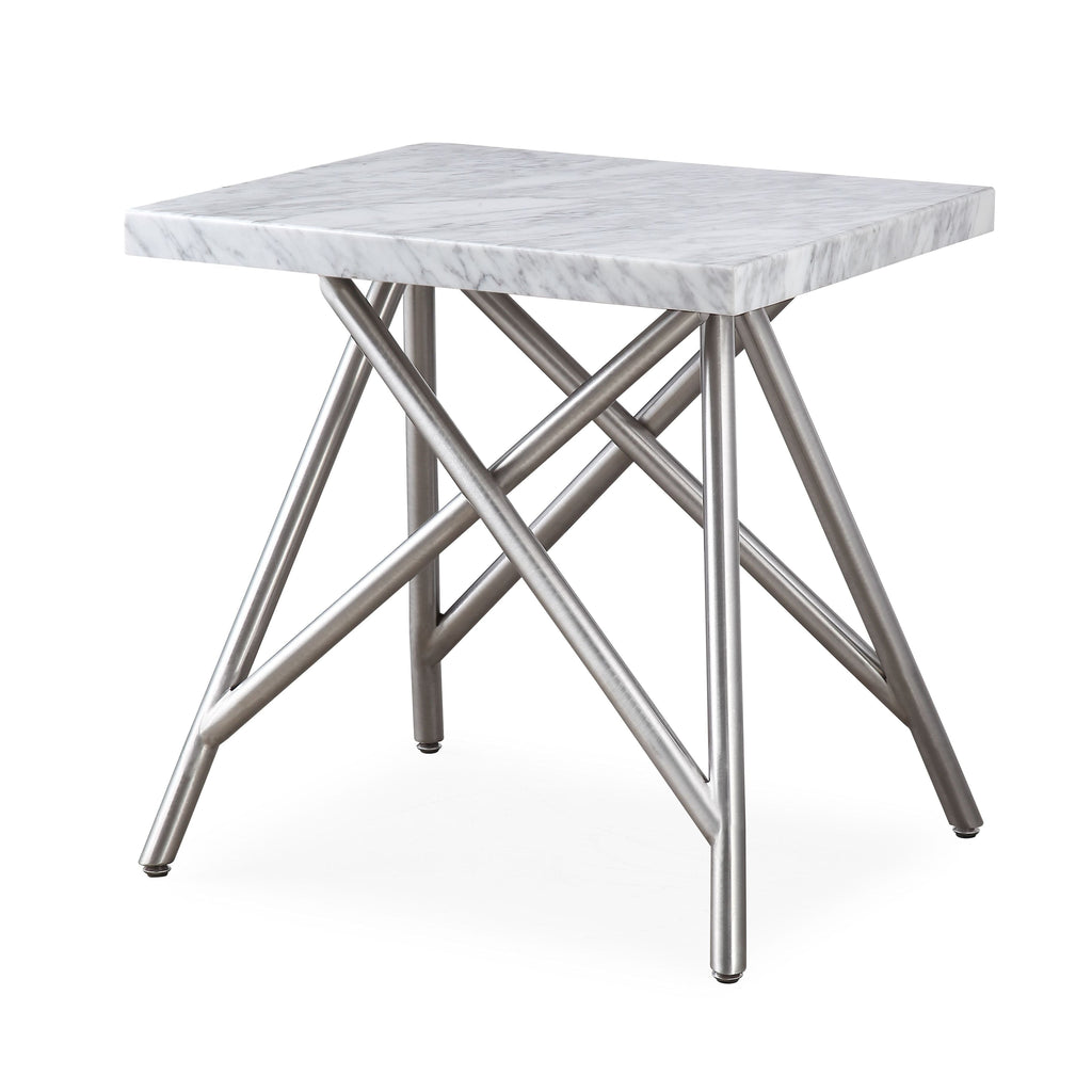 Bijzettafel Carrara-marmer en roestvrij staal Coral, wit marmer met zilverkleurig onderstel, woonkamer