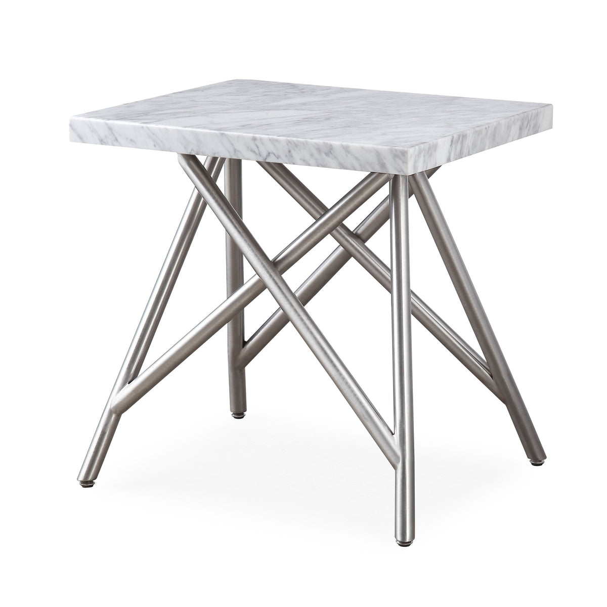 Bijzettafel Carrara-marmer en roestvrij staal Coral, wit marmer met zilverkleurig onderstel, woonkamer