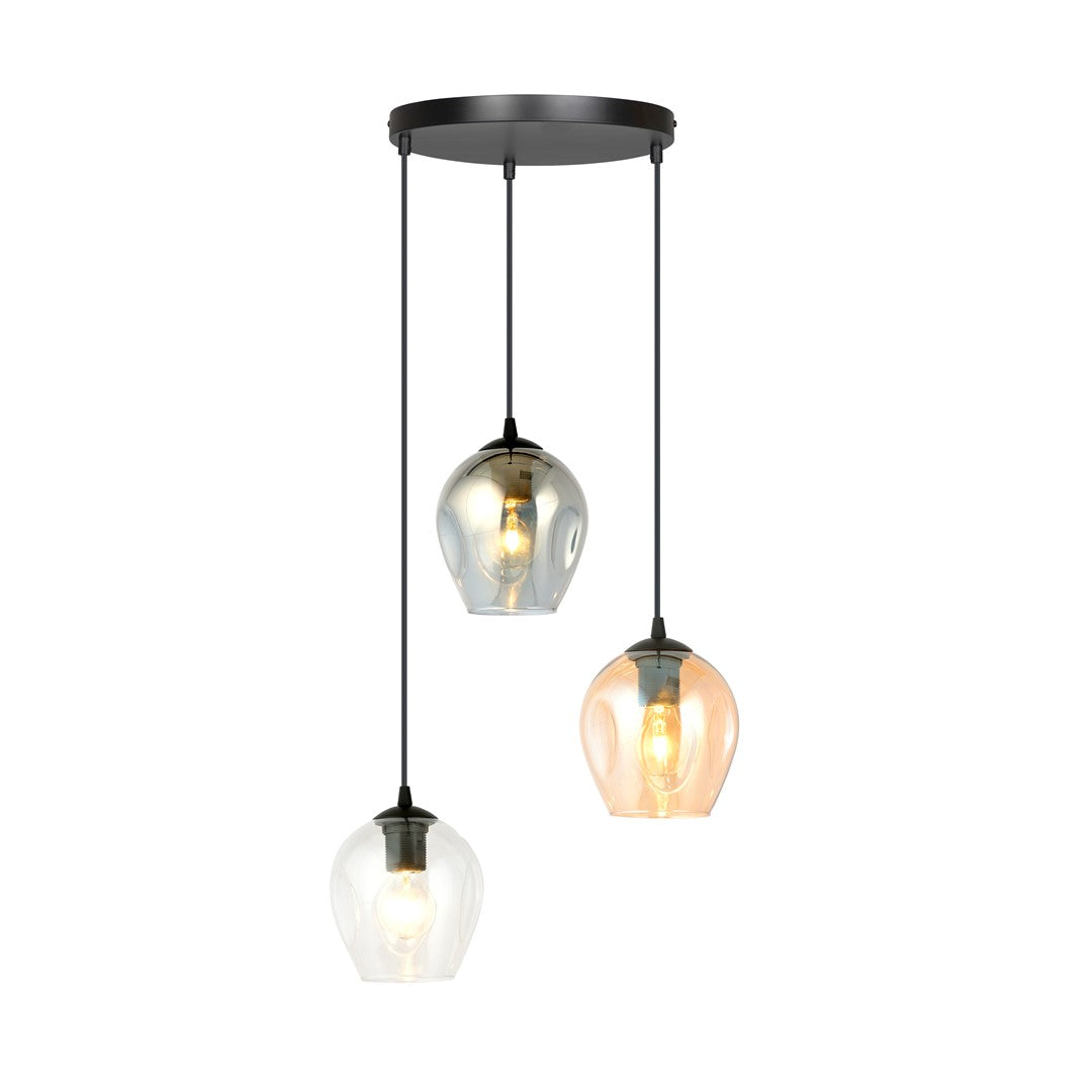Zwarte hanglamp met drie glazen kappen in transparant, grafiet en amber aan een ronde plafondplaat