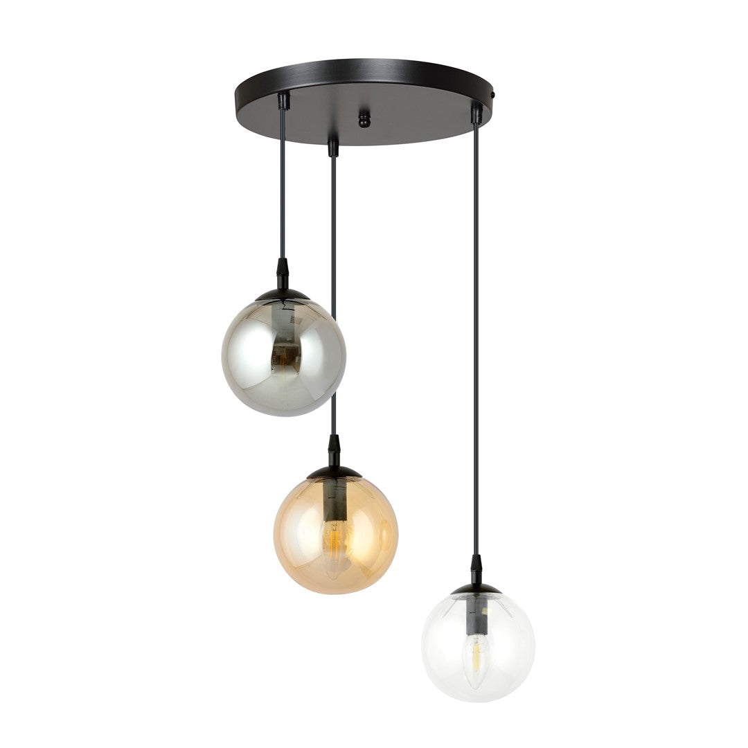 Hanglamp gepoedercoat staal en glas modern Cosmo, zwart met 3 glazen kappen Ø 14 cm, transparant, grafiet en amber
