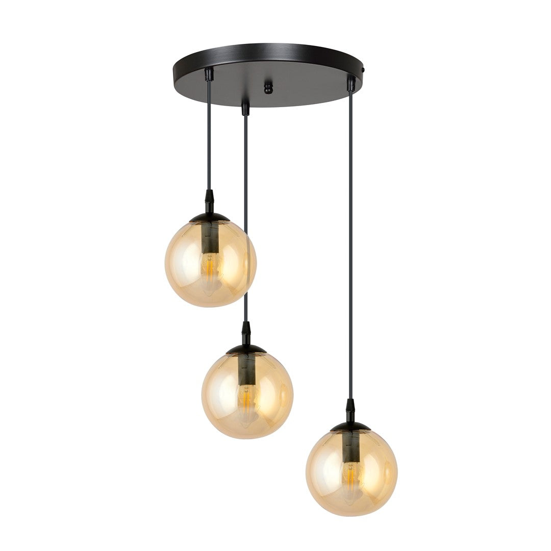 Hanglamp gepoedercoat staal en glas Cosmo modern, zwart met amber glas, 3 lichtpunten, kap Ø 14 cm, eettafel en woonkamer