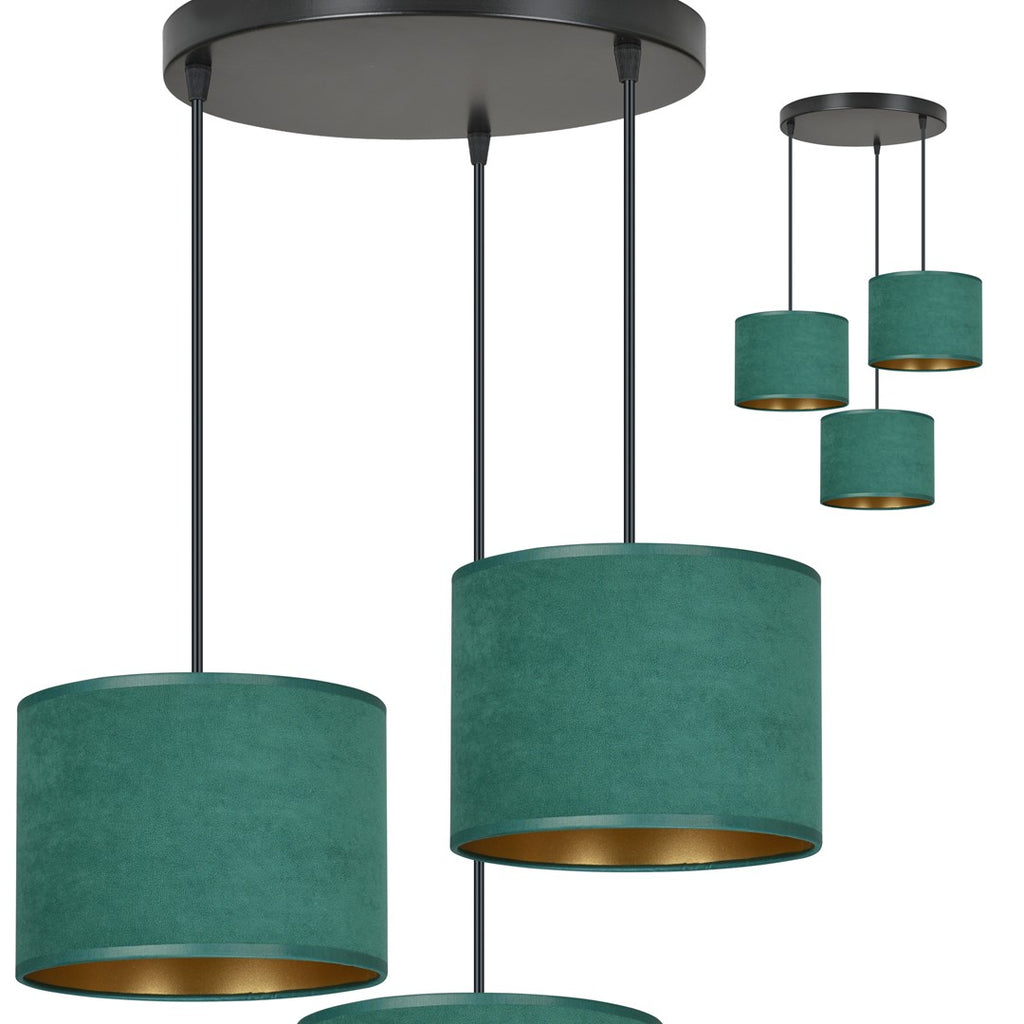 Hanglamp 3 lichtpunten gepoedercoat staal en stof Hilde, groen met gouden binnenzijde, Ø kap 20 cm, eettafel