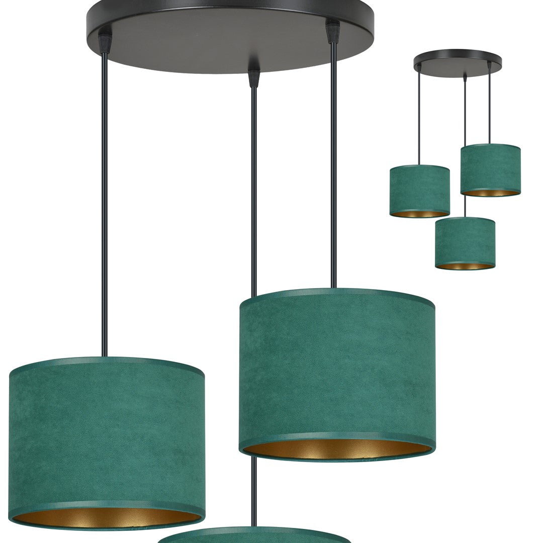 Hanglamp 3 lichtpunten gepoedercoat staal en stof Hilde, groen met gouden binnenzijde, Ø kap 20 cm, eettafel