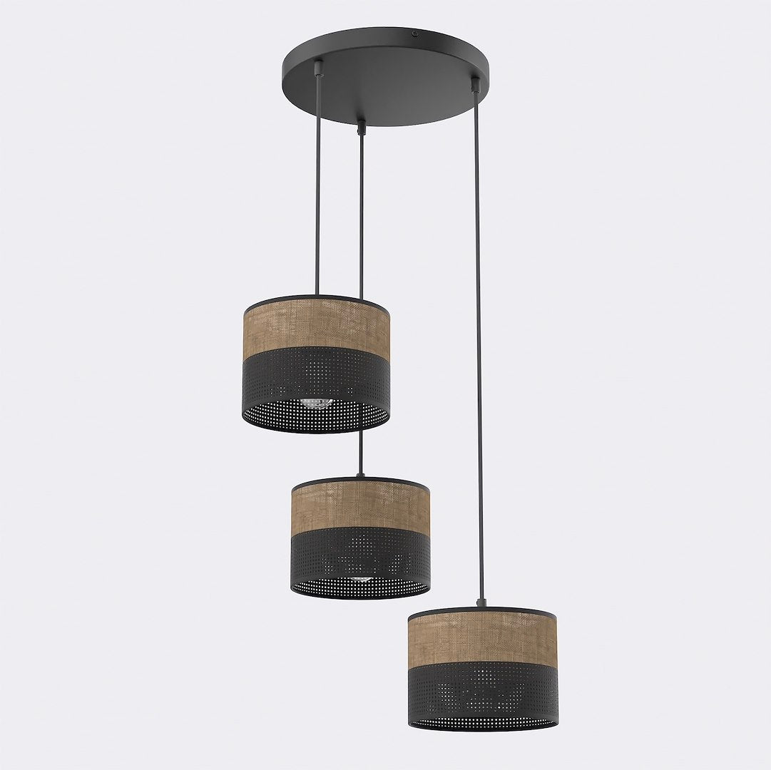 Hanglamp 3-lichts gepoedercoat staal met stoffen kap, Karbon, zwart en bruin, kapdiameter 20 cm, rond plafondplaat