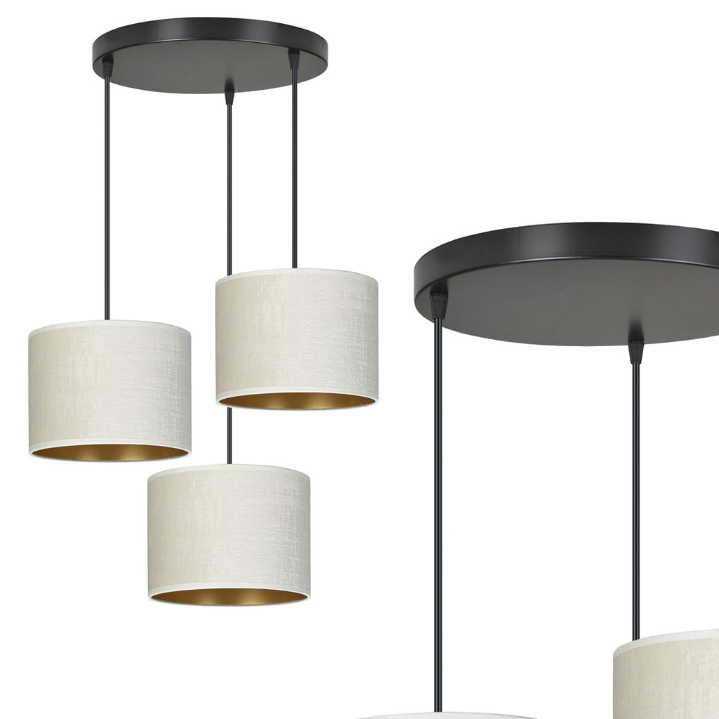 Hanglamp 3-lichts gepoedercoat staal en stof, Hilde minimalistisch, wit met zwart, kap Ø 20 cm, eettafel