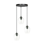 Hanglamp gepoedercoat staal en glas Istar, zwart met transparante kappen, 3 lichts, Ø 14 cm kappen, woonkamer en eetkamer