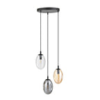 Hanglamp 3 lichts gepoedercoat staal en glas modern, zwart met grafiet, transparant en amber glas, eettafel hal