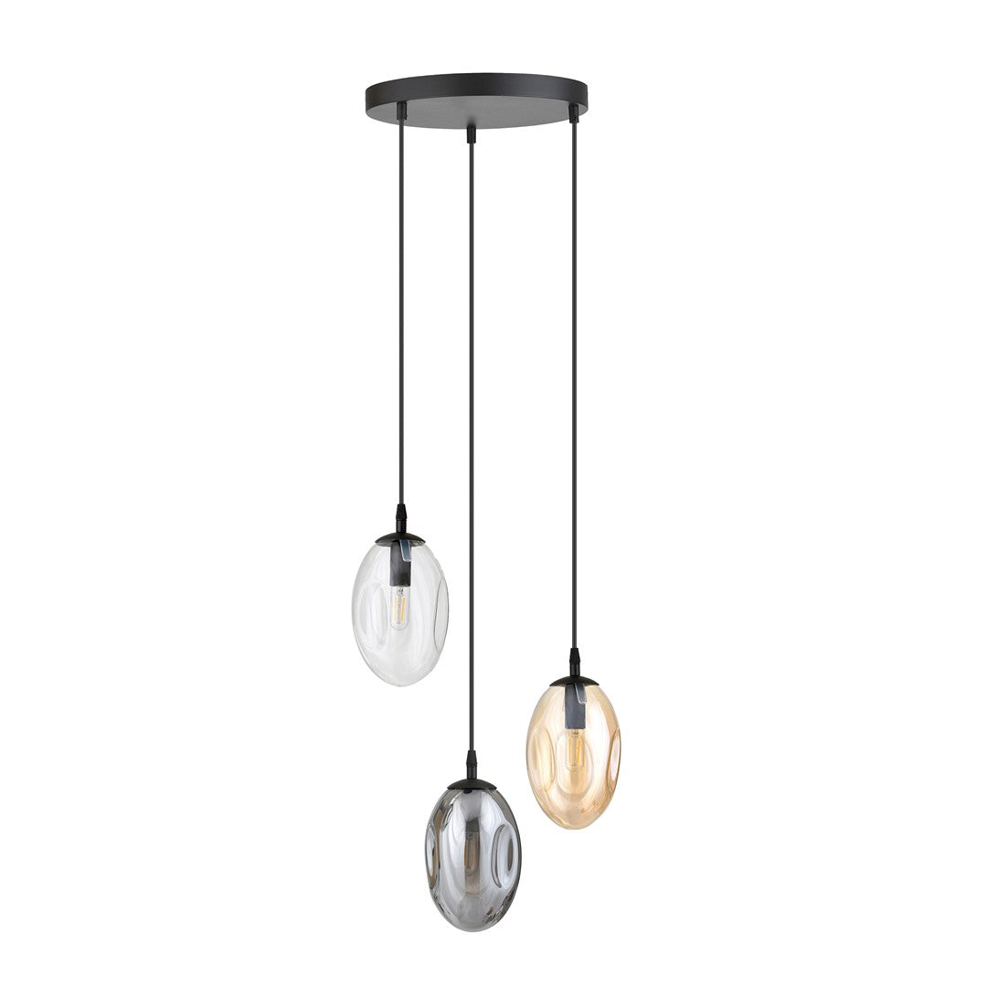 Hanglamp 3 lichts gepoedercoat staal en glas modern, zwart met grafiet, transparant en amber glas, eettafel hal