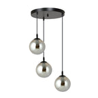 Hanglamp 3-lichts gepoedercoat staal en glas Cosmo, zwart met grafiet glazen kappen Ø 14 cm, eettafel en woonkamer