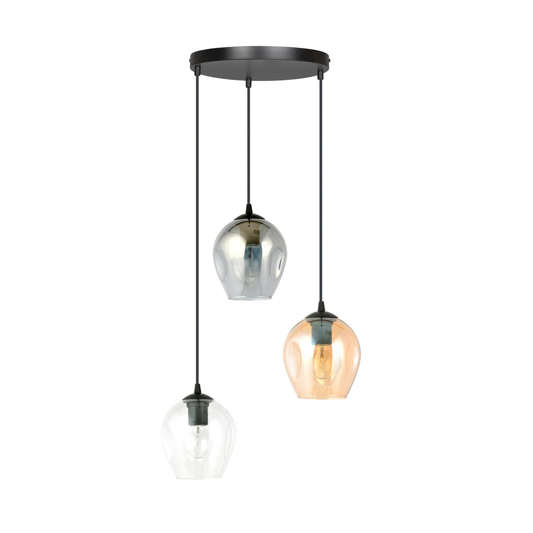 Hanglamp gepoedercoat staal en glas Istar, zwart met transparante, grafiet en amber kappen, 3 lichts, 40 x 100 cm