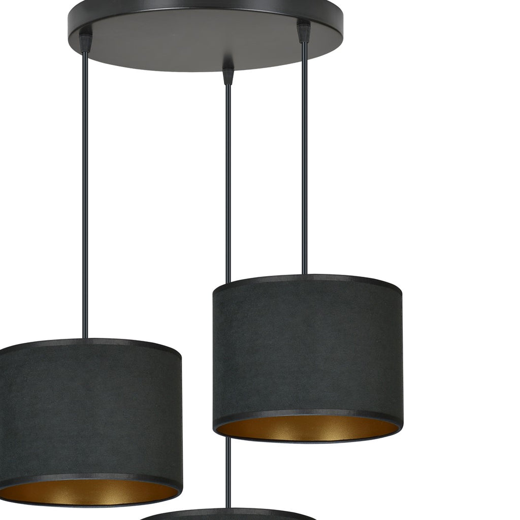 Hanglamp Hilde 3 lichts gepoedercoat staal en stof, zwart met gouden binnenzijde, kap Ø 20 cm, verstelbaar