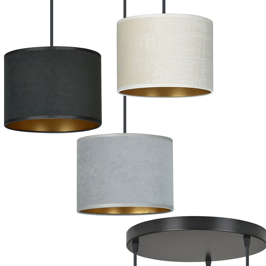 Hanglamp 3-lichts gepoedercoat staal met stoffen kappen, Hilde minimalistisch zwart, grijs en wit, kap Ø 20 cm