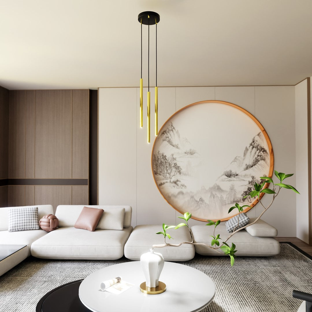Hanglamp Selter gepoedercoat staal, glamour, zwart met goud, 3 lichtpunten, G9, Ø 20 cm, hoogte 130 cm