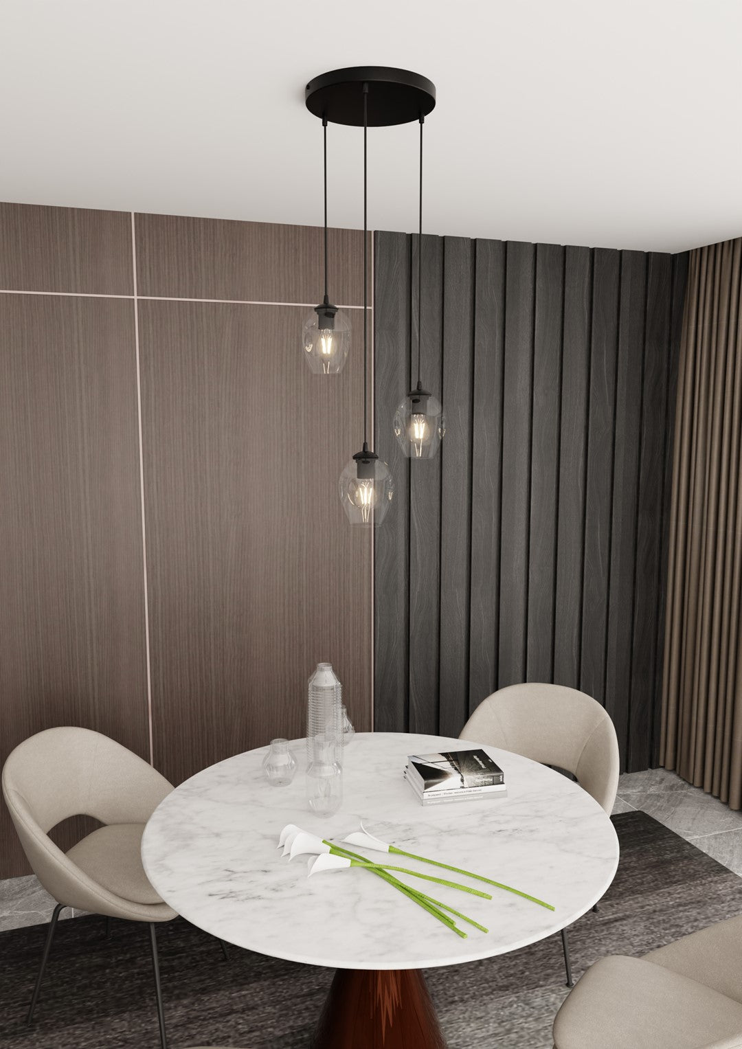 Hanglamp gepoedercoat staal en glas Istar, zwart met transparante kappen, 3 lichts, Ø 14 cm kappen, woonkamer en eetkamer
