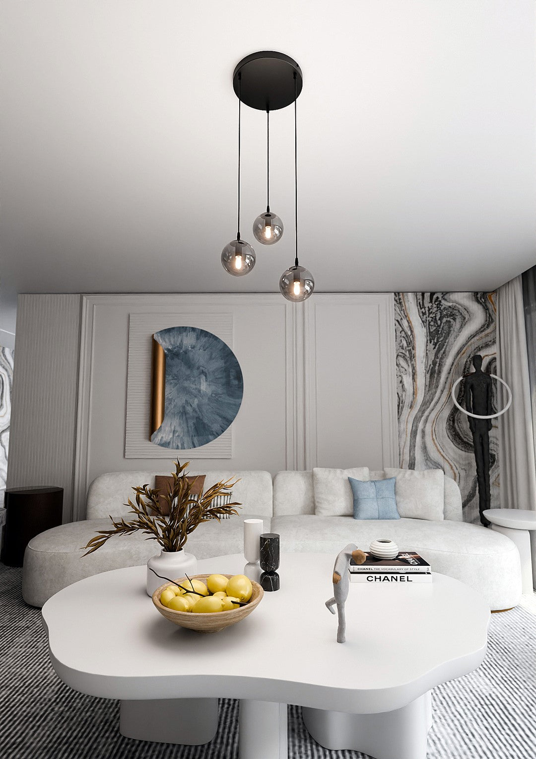 Hanglamp 3-lichts gepoedercoat staal en glas Cosmo, zwart met grafiet glazen kappen Ø 14 cm, eettafel en woonkamer