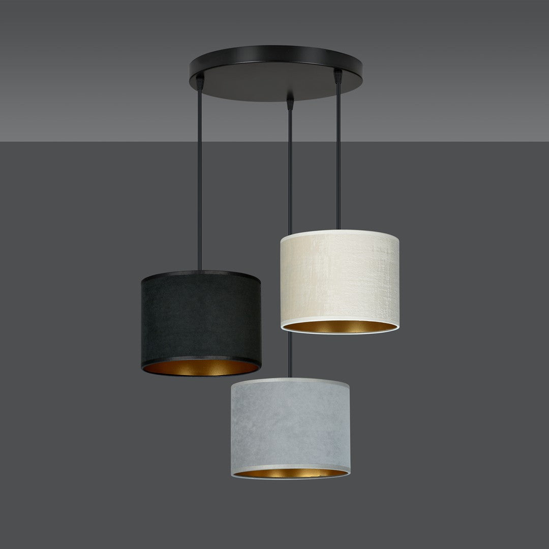 Hanglamp 3-lichts gepoedercoat staal met stoffen kappen, Hilde minimalistisch zwart, grijs en wit, kap Ø 20 cm
