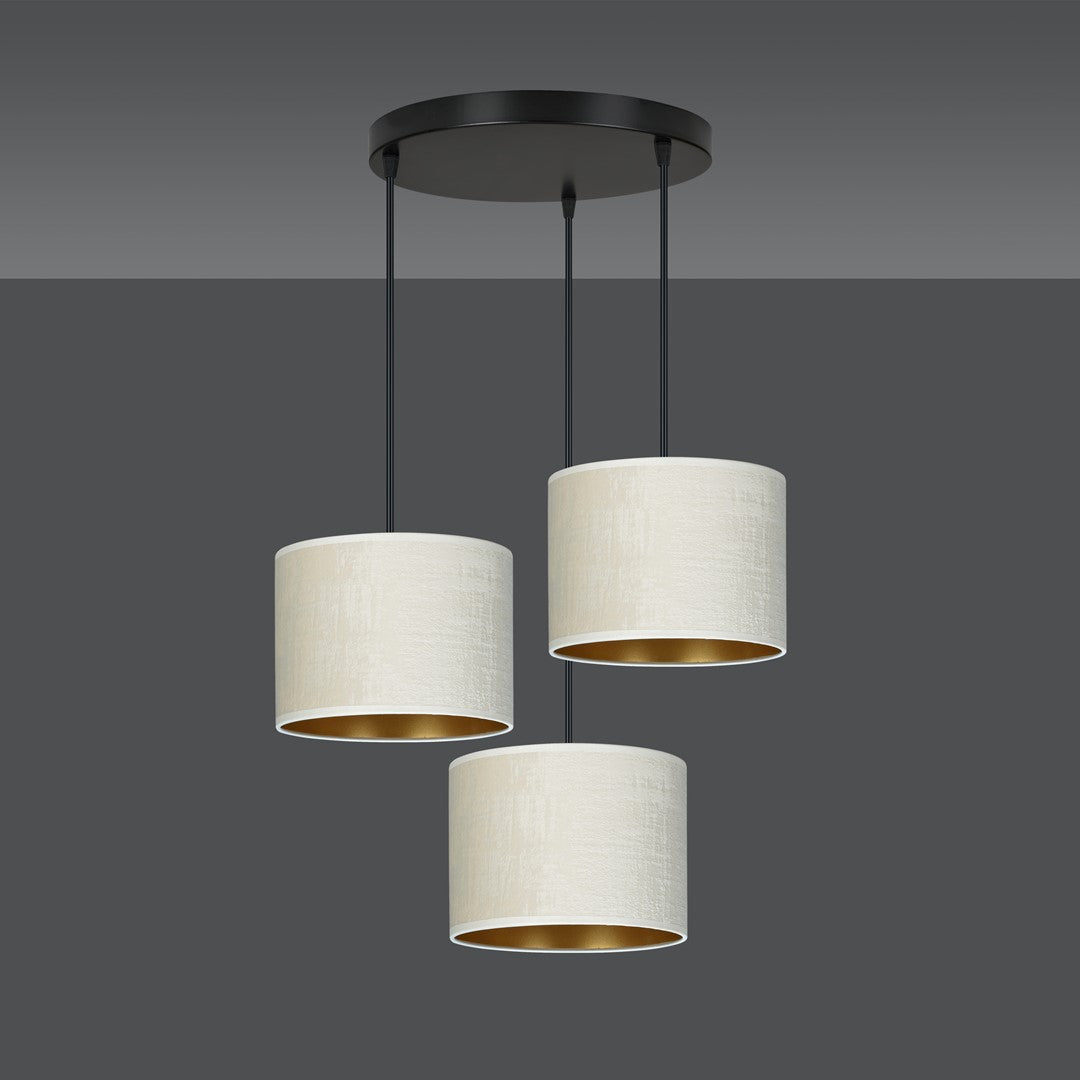Hanglamp 3-lichts gepoedercoat staal en stof, Hilde minimalistisch, wit met zwart, kap Ø 20 cm, eettafel
