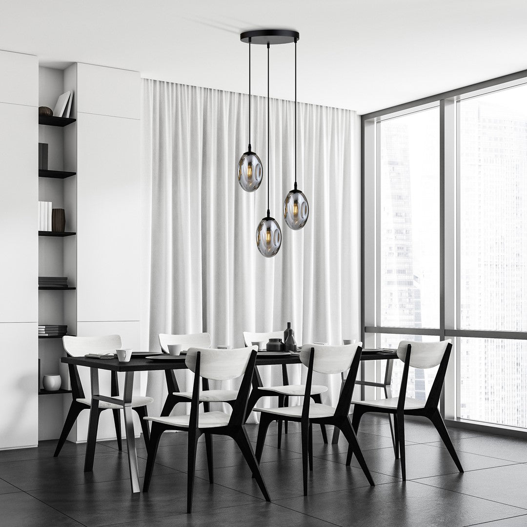 Hanglamp 3 lichts gepoedercoat staal en glas, modern, zwart met grafiet glazen kappen, kappen 12 cm, E14, woonkamer en eetkamer