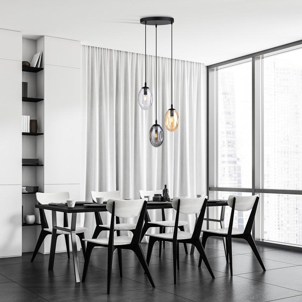 Hanglamp 3 lichts gepoedercoat staal en glas modern, zwart met grafiet, transparant en amber glas, eettafel hal