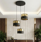 Hanglamp gepoedercoat staal Lux, zwart met goud, 3 lampen, stoffen kap Ø 20 cm, voor eettafel en keukeneiland