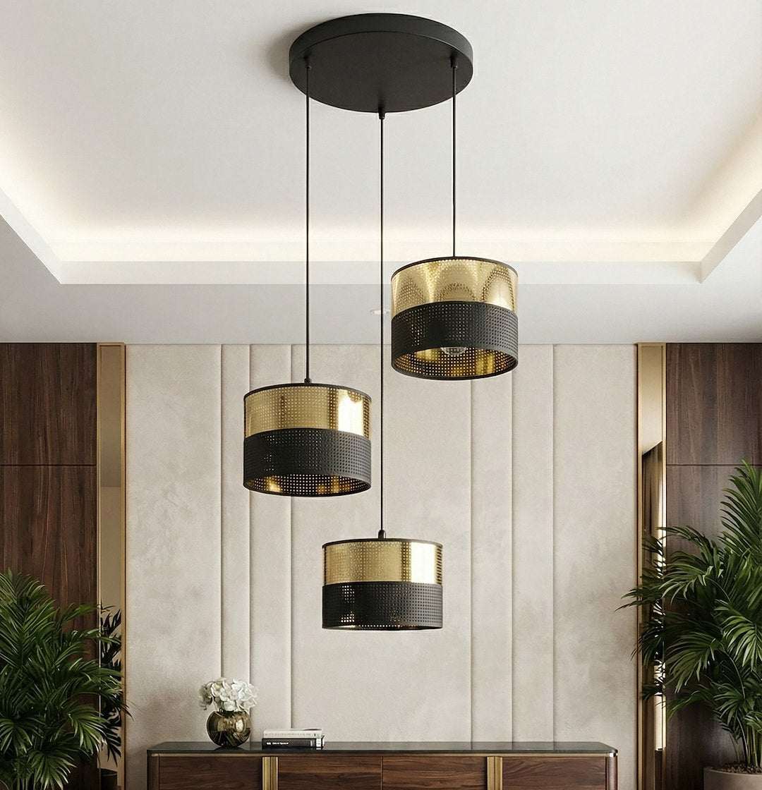 Hanglamp gepoedercoat staal Lux, zwart met goud, 3 lampen, stoffen kap Ø 20 cm, voor eettafel en keukeneiland