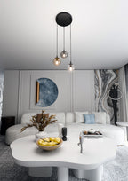 Hanglamp gepoedercoat staal en glas modern Cosmo, zwart met 3 glazen kappen Ø 14 cm, transparant, grafiet en amber