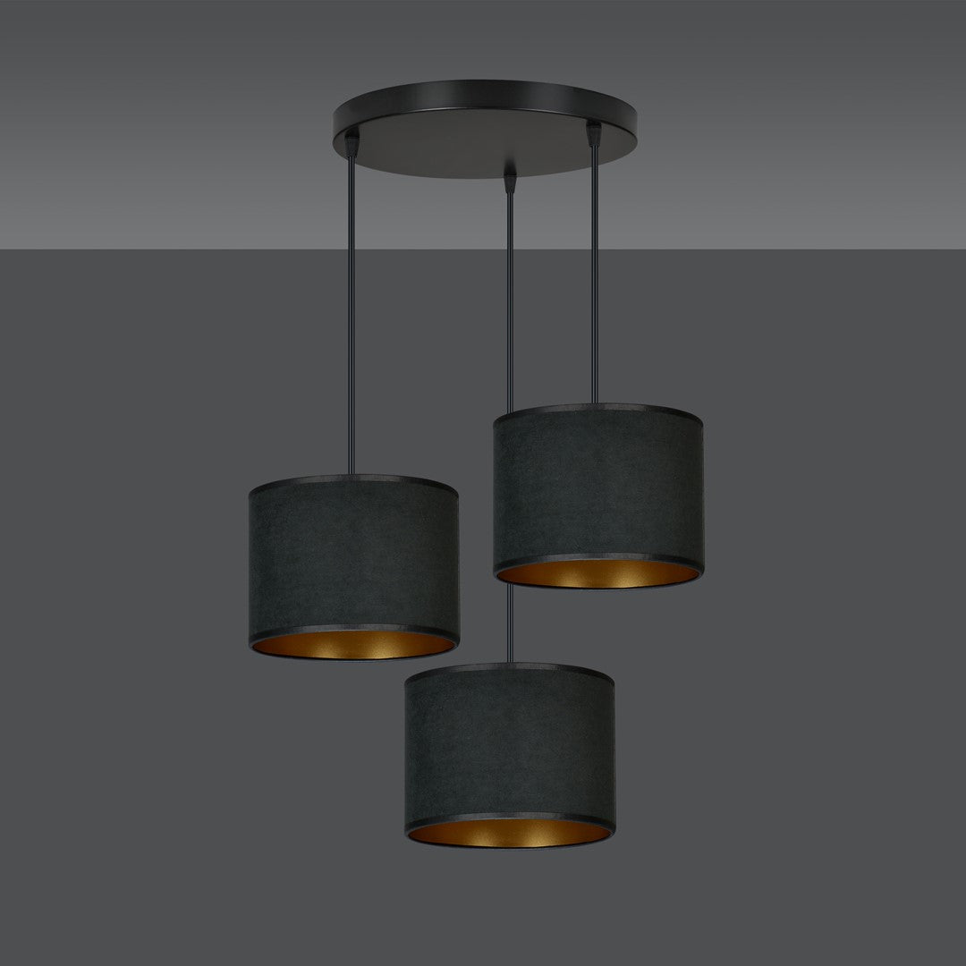 Hanglamp Hilde 3 lichts gepoedercoat staal en stof, zwart met gouden binnenzijde, kap Ø 20 cm, verstelbaar