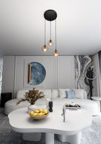 Hanglamp gepoedercoat staal en glas Cosmo modern, zwart met amber glas, 3 lichtpunten, kap Ø 14 cm, eettafel en woonkamer