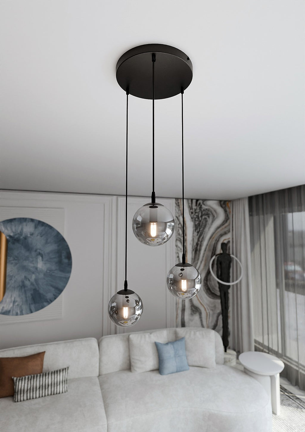 Hanglamp 3-lichts gepoedercoat staal en glas Cosmo, zwart met grafiet glazen kappen Ø 14 cm, eettafel en woonkamer