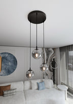 Hanglamp 3-lichts gepoedercoat staal en glas Cosmo, zwart met grafiet glazen kappen Ø 14 cm, eettafel en woonkamer