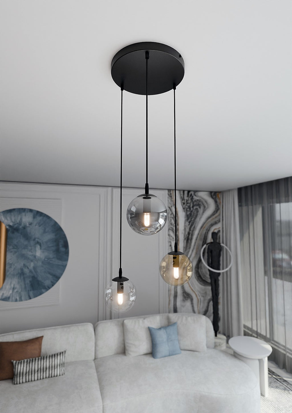 Hanglamp gepoedercoat staal en glas modern Cosmo, zwart met 3 glazen kappen Ø 14 cm, transparant, grafiet en amber