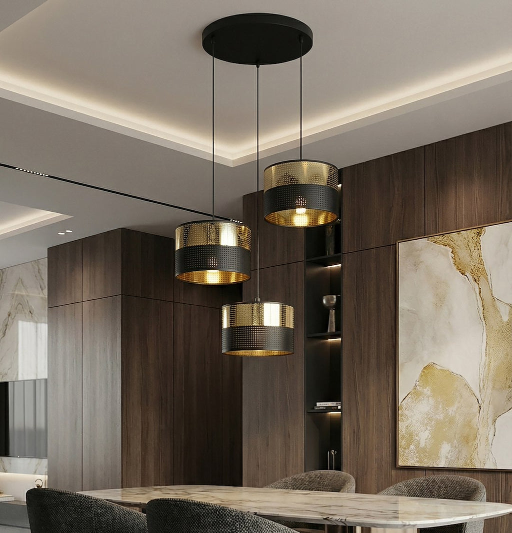Hanglamp gepoedercoat staal Lux, zwart met goud, 3 lampen, stoffen kap Ø 20 cm, voor eettafel en keukeneiland