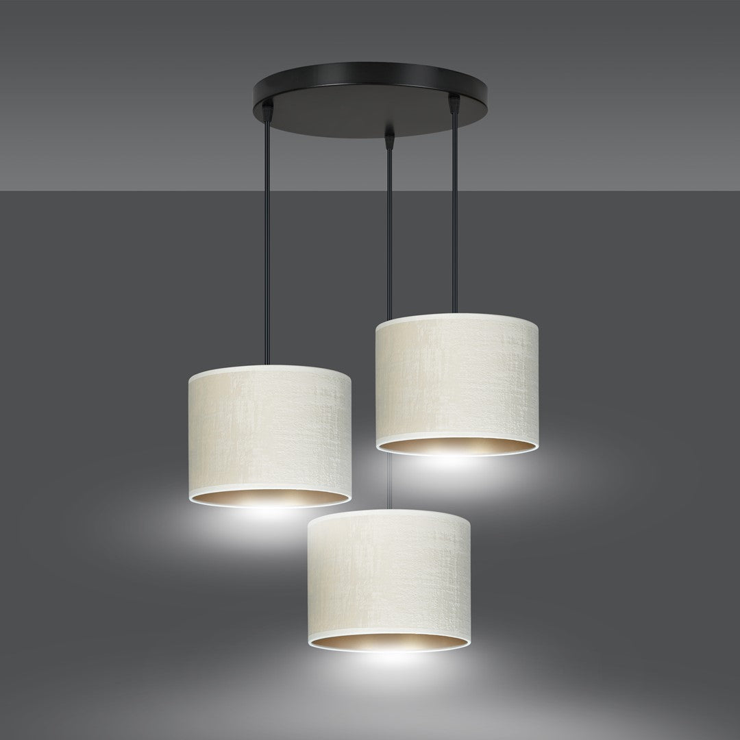 Hanglamp 3-lichts gepoedercoat staal en stof, Hilde minimalistisch, wit met zwart, kap Ø 20 cm, eettafel