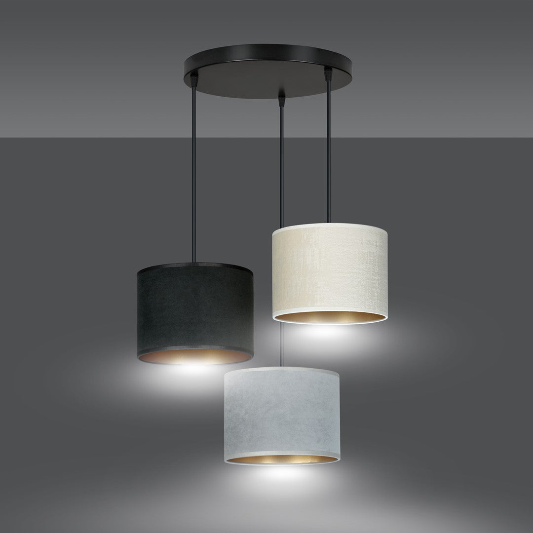 Hanglamp 3-lichts gepoedercoat staal met stoffen kappen, Hilde minimalistisch zwart, grijs en wit, kap Ø 20 cm