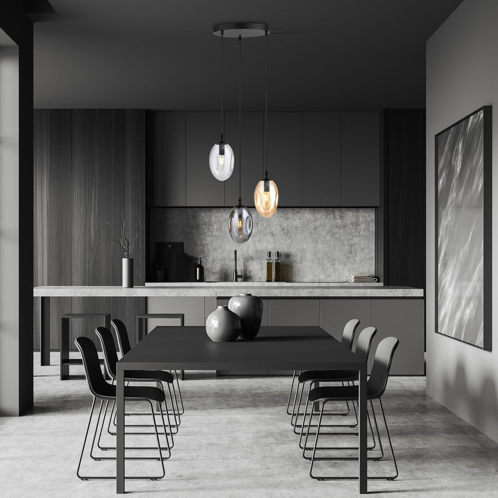 Hanglamp 3 lichts gepoedercoat staal en glas modern, zwart met grafiet, transparant en amber glas, eettafel hal