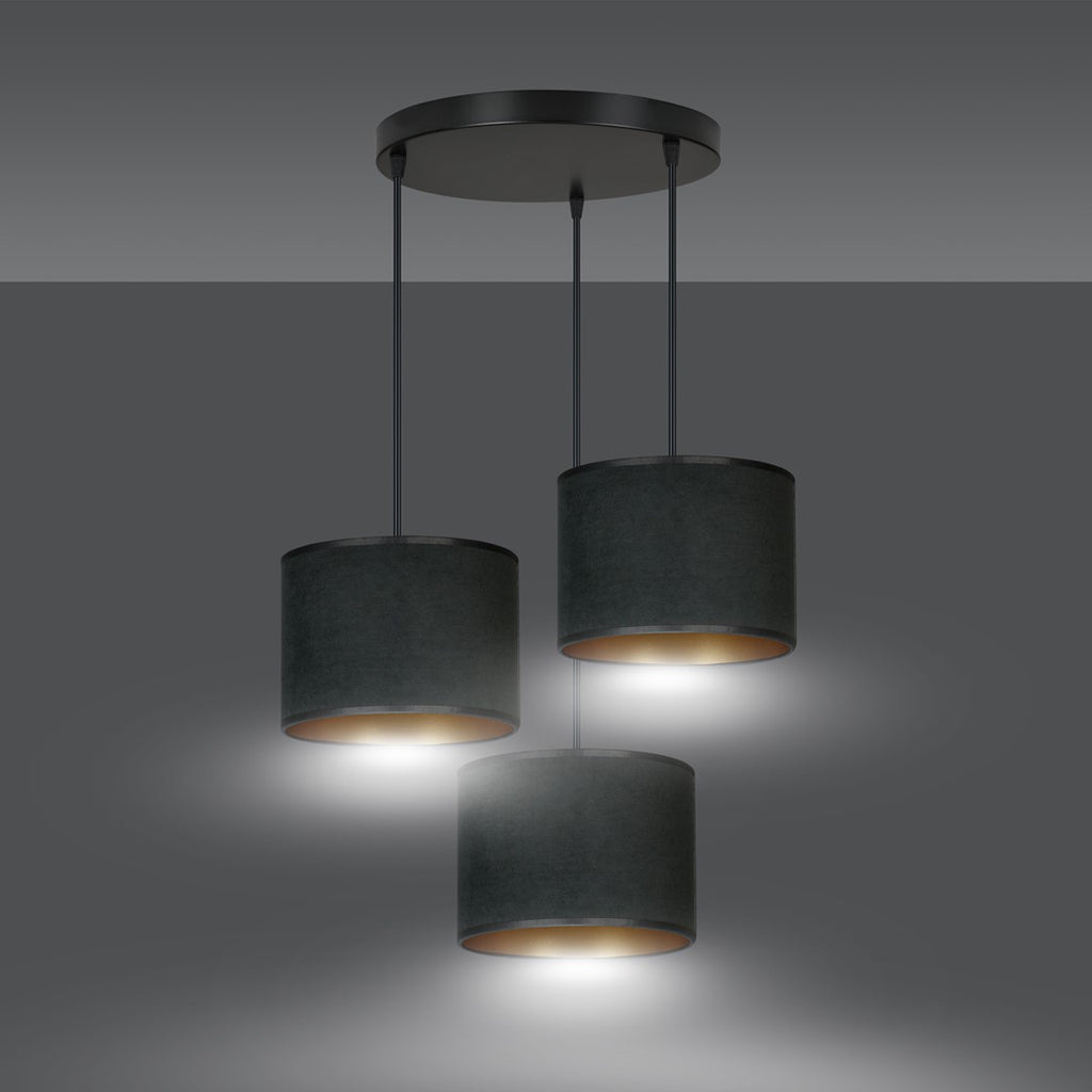 Hanglamp Hilde 3 lichts gepoedercoat staal en stof, zwart met gouden binnenzijde, kap Ø 20 cm, verstelbaar