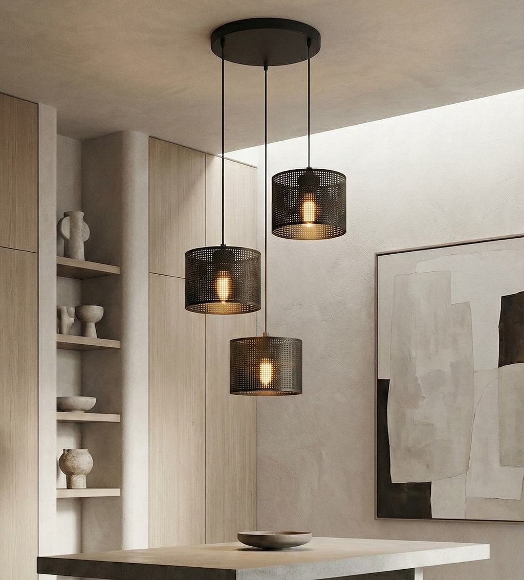 Hanglamp Lux gepoedercoat staal zwart met 3 lichtpunten, kap Ø 20 cm, E27-fitting, verstelbare hoogte
