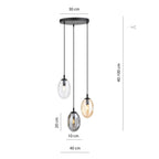 Hanglamp 3 lichts gepoedercoat staal en glas modern, zwart met grafiet, transparant en amber glas, eettafel hal