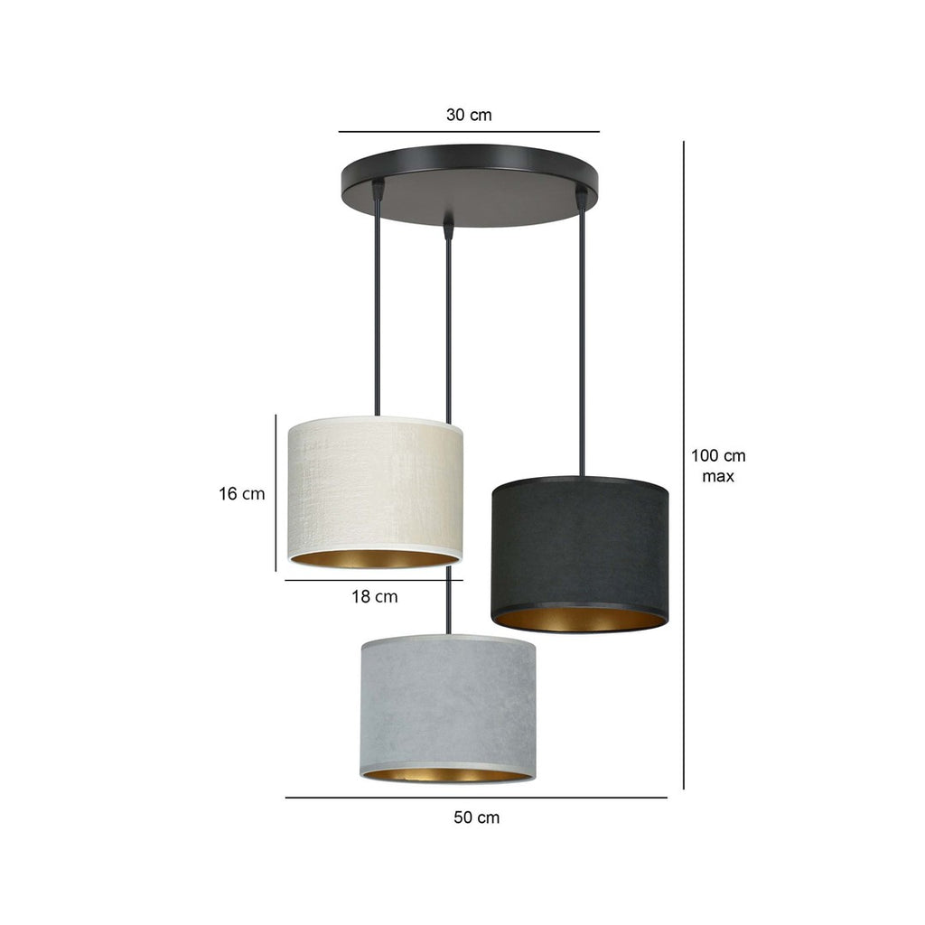 Hanglamp 3-lichts gepoedercoat staal met stoffen kappen, Hilde minimalistisch zwart, grijs en wit, kap Ø 20 cm